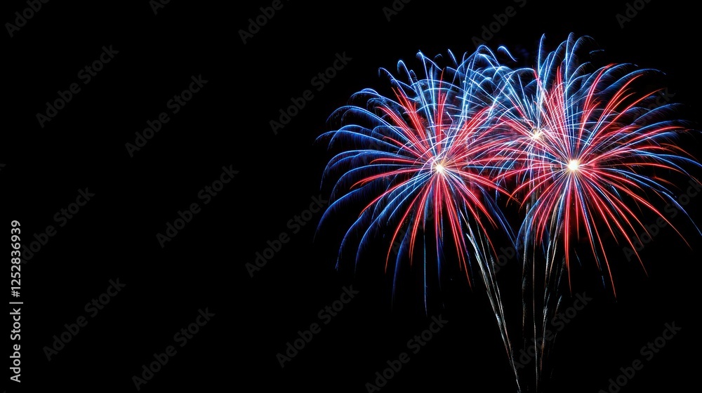 Vibrant fireworks bursting in the night sky, creating a colorful display of red and blue Vibrant fireworks bursting in the night sky, creating a colorful display of red and blue