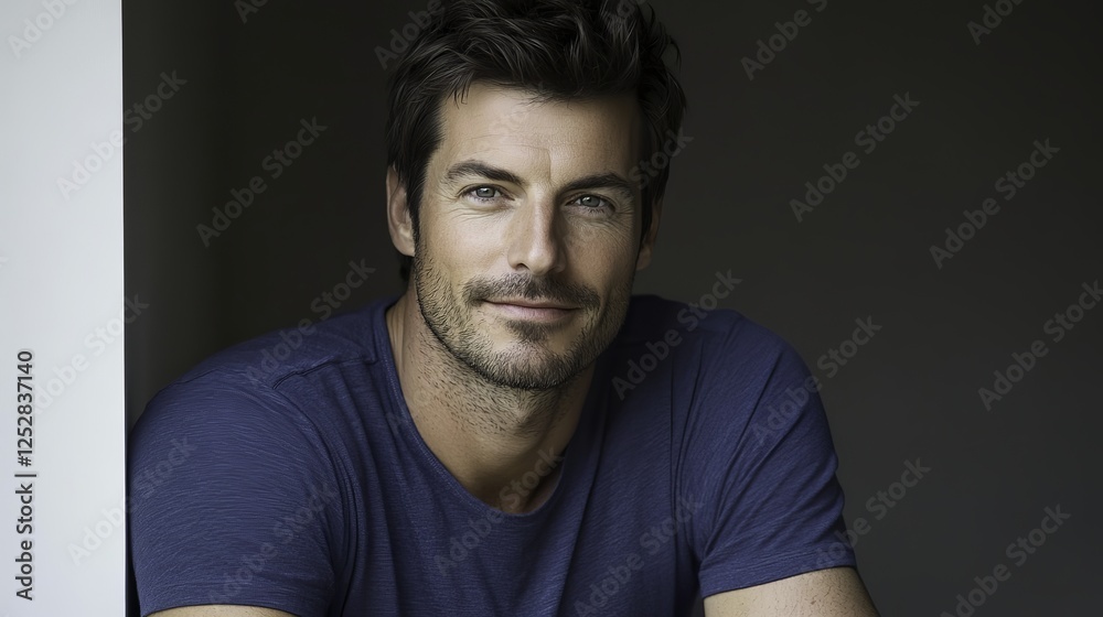 Naklejka premium Young man smiling warmly, soft light enhancing his cheerful expression, minimal background.