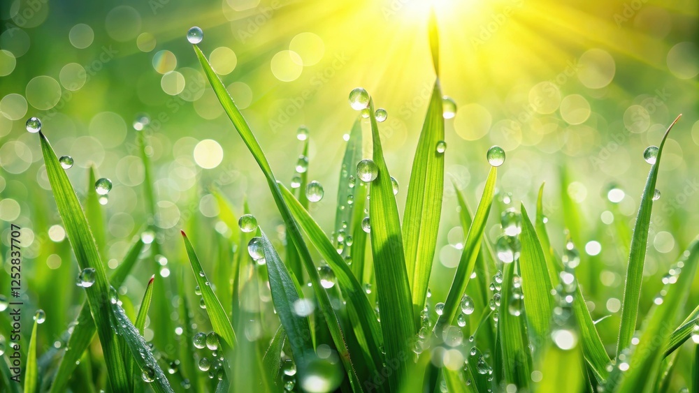 Fototapeta premium Fresh green grass blades with glistening dew drops , fresh, green, grass, blades, glistening, dew drops, nature, close up, wet