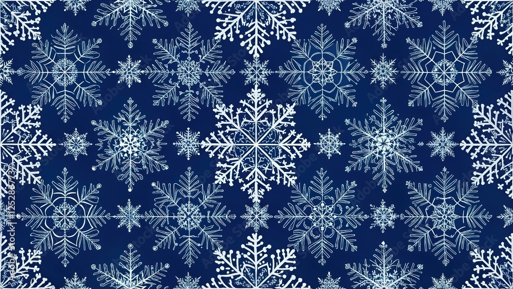 Intricate snowflake seamless pattern on deep blue background, snowflake, intricate, seamless, pattern, winter, design Intricate snowflake seamless pattern on deep blue background, snowflake, intricate, seamless, pattern, winter, design