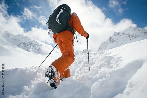 A person cross-country skiing in a mountainous area. They are wearing sports gear suitable for cold weather and carrying equipment on their back. photo