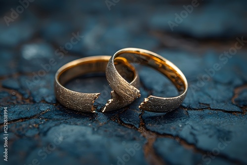 Two wedding rings split apart on a cracked blue table surface. Generative AI.