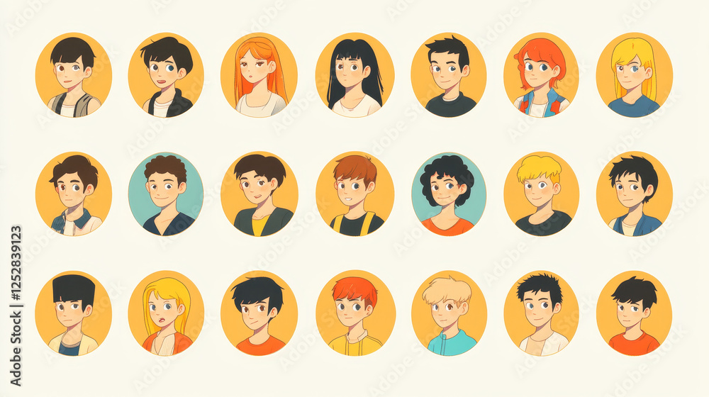 People avatars for social media profile. Vector flat illustration of set of men and women faces, diverse person heads with different hairstyle in circle frame. Portraits of female and male characters People avatars for social media profile. Vector flat illustration of set of men and women faces, diverse person heads with different hairstyle in circle frame. Portraits of female and male characters