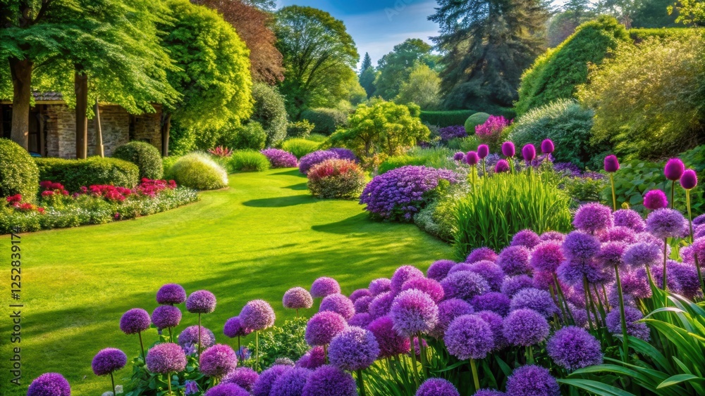 Obraz premium Lush garden filled with vibrant purple flowers and rich green grass, garden, purple flowers, lush, green grass