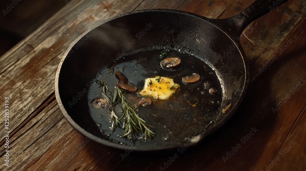 Saut champignon mushrooms in a cast iron skillet, glistening with butter and garlic, with sprigs of rosemary and a pinch of pepper flakes on a wooden table. Saut champignon mushrooms in a cast iron skillet, glistening with butter and garlic, with sprigs of rosemary and a pinch of pepper flakes on a wooden table.