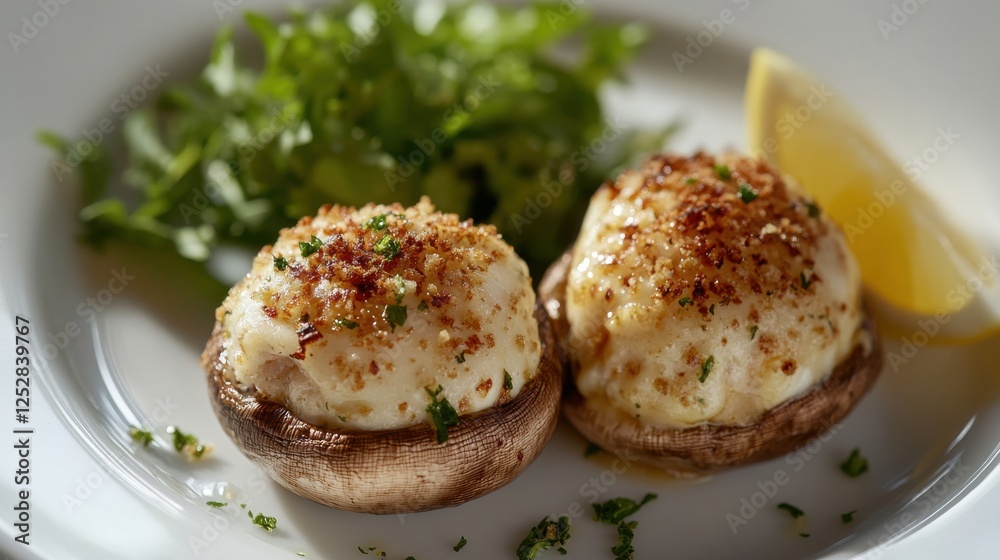 Stuffed champignon mushrooms filled with cheese and breadcrumbs, beautifully baked and served on a white plate with a side of fresh greens and a lemon wedge. Stuffed champignon mushrooms filled with cheese and breadcrumbs, beautifully baked and served on a white plate with a side of fresh greens and a lemon wedge.