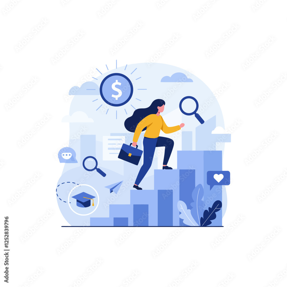 Woman Climbing Career Ladder Achieving Success and Financial Growth Woman Climbing Career Ladder Achieving Success and Financial Growth