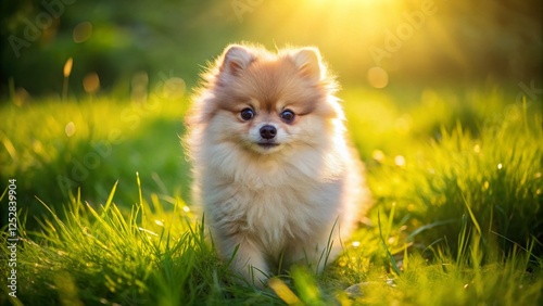 Adorable Pomeranian Puppy Aerial View: Fluffy Dog Drone Photography