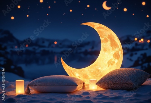 Illuminated Crescent Moon Scene with Lanterns and Pillows photo