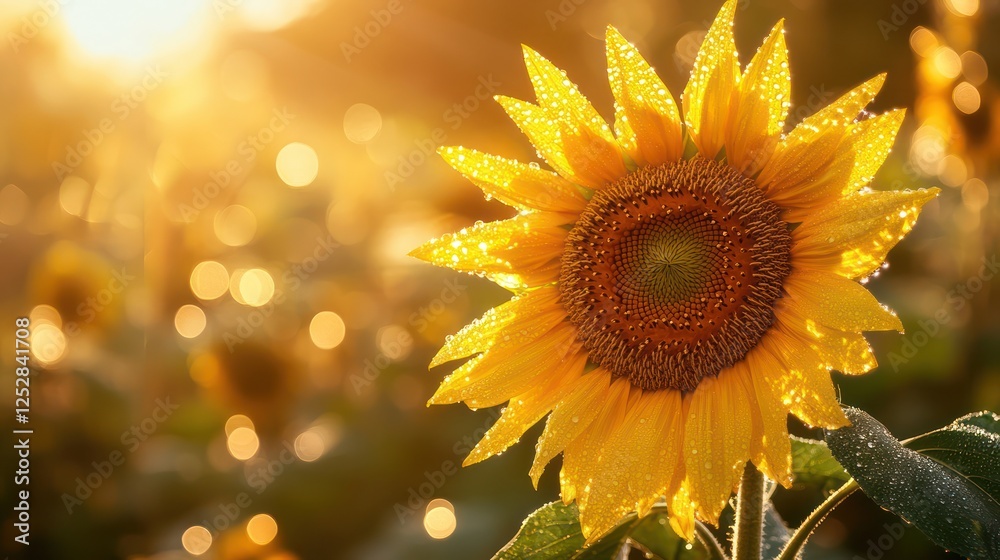 Fototapeta premium Golden Hour Sunflower: A Dew-Kissed Delight