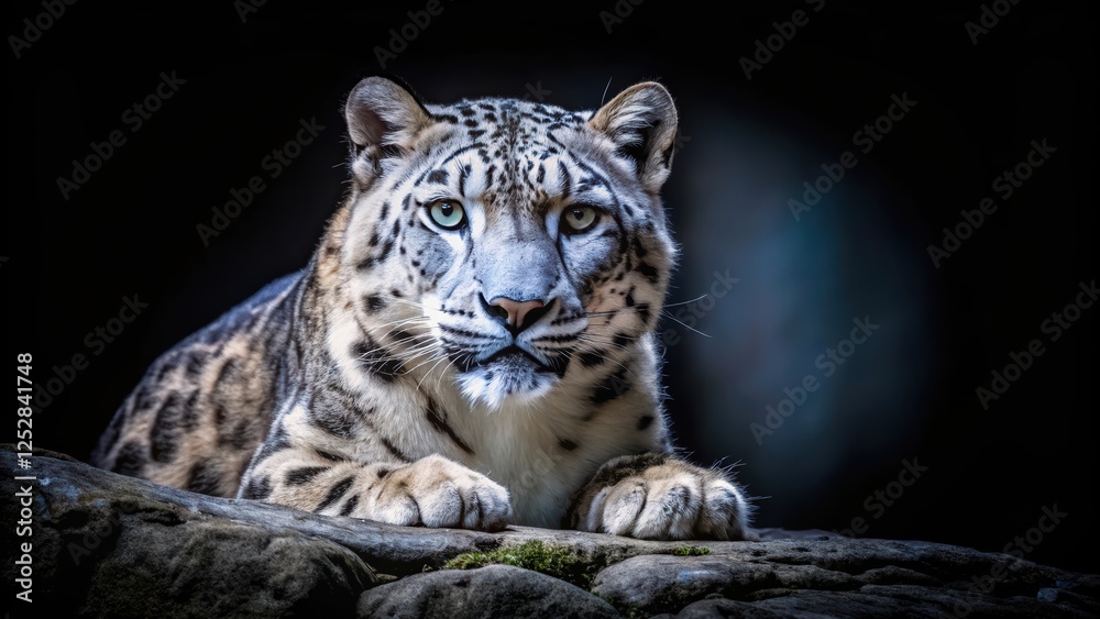 Obraz premium Snow leopard seamlessly blending into the darkness of its habitat, showcasing its incredible camouflage abilities