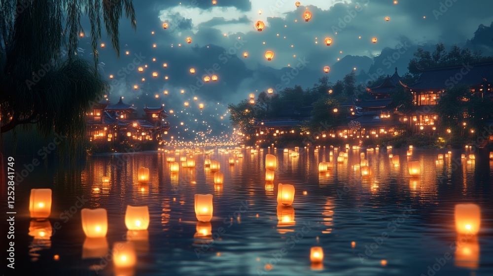 Obraz premium River lanterns light up for prayer night