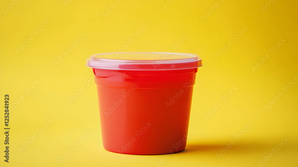 Bright red food container with fitted clear lid, isolated on a yellow background, ideal for food packaging, fast-food, or meal prep branding mockups.
Bright red food container with fitted clear lid, isolated on a yellow background, ideal for food packaging, fast-food, or meal prep branding mockups.