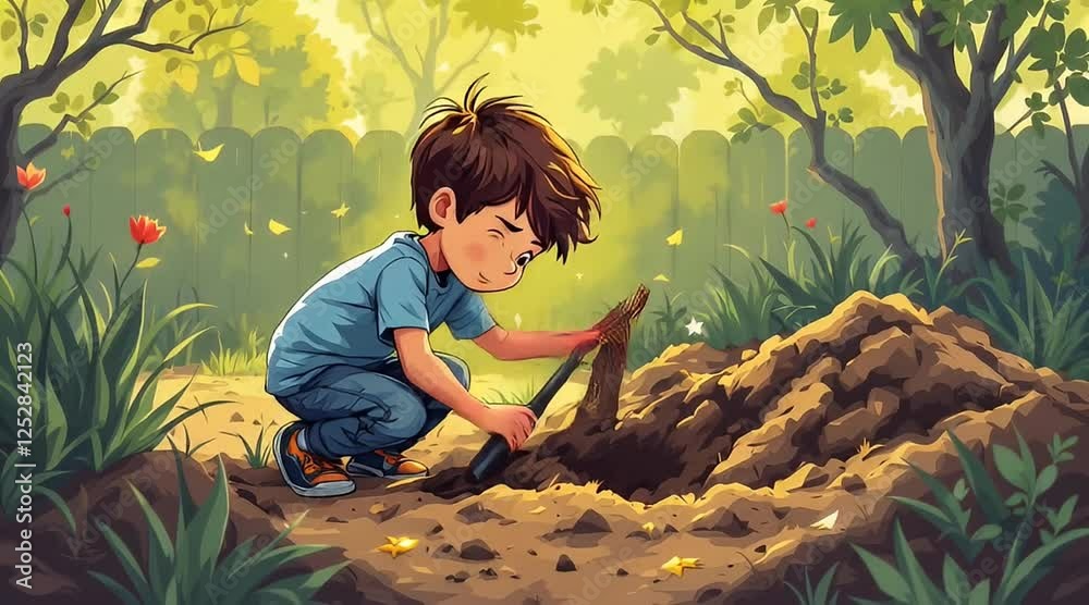 Boy digging hole garden sunny day, planting, nature background; children's book illustration