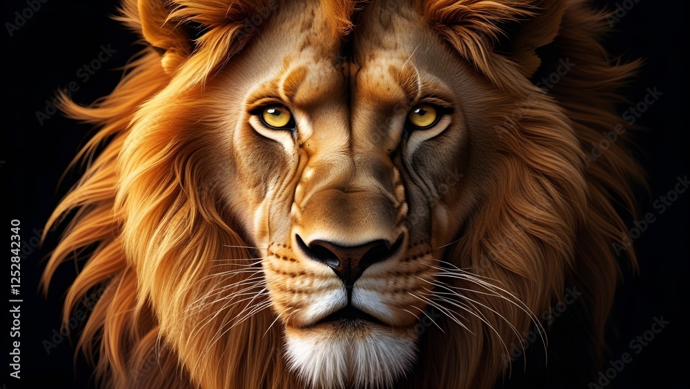 Fototapeta premium Detailed image of a lion's,A close-up of a male lion's face,Majestic Lion Portrait with Intense Expression,Lion portrait on black background