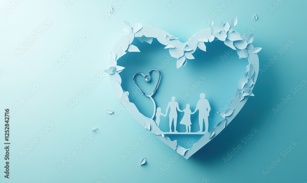 Obraz premium Love and stethoscope, family figures cut from paper