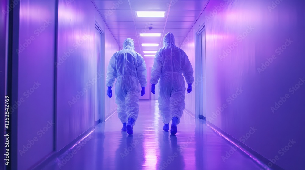 Fototapeta premium Two Figures in Protective Suits Walking Down a Sterile Corridor