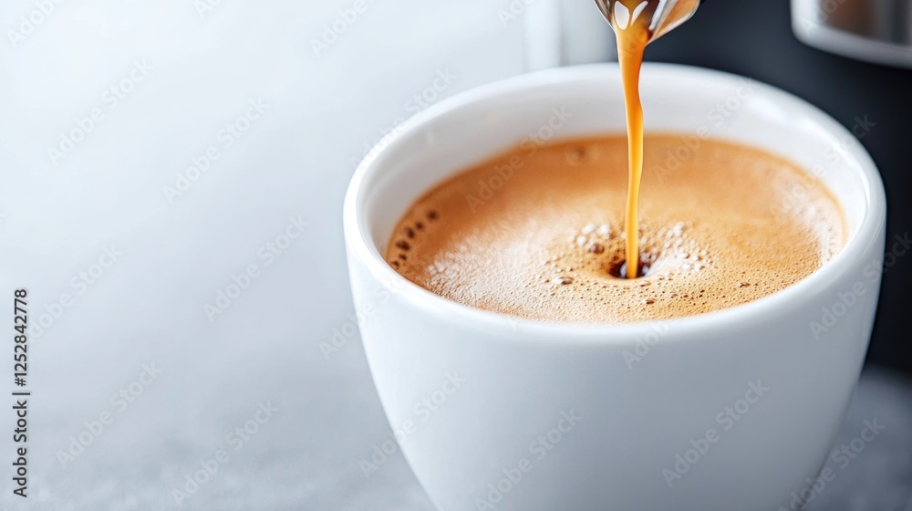 Espresso pouring into white cup on gray surface Espresso pouring into white cup on gray surface