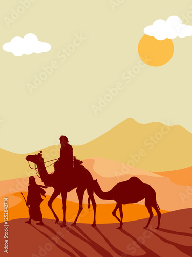Camel caravan silhouettes going through the desert landsacpe vector illustration. Use for islamic background design, Ramadan Karrem, Eid Mubarak poster, cards, greeting, banner.