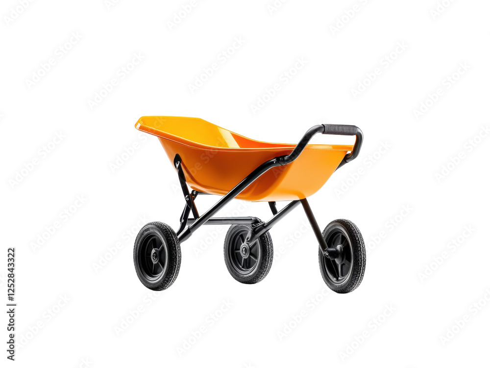 Orange wheelbarrow on a black background, ideal for construction and gardening projects. Orange wheelbarrow on a black background, ideal for construction and gardening projects.