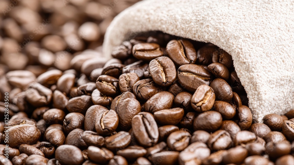 Coffee beans spilling from bag, close-up Coffee beans spilling from bag, close-up