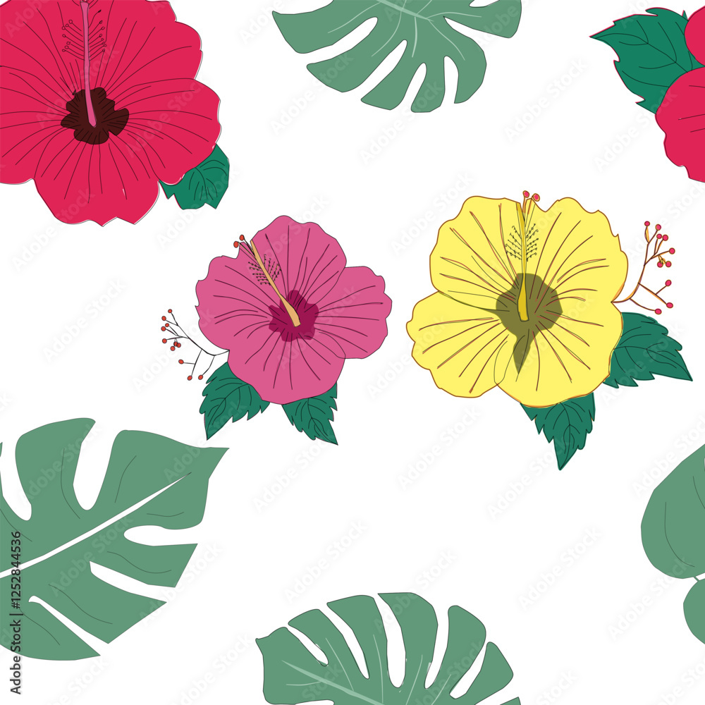 Naklejka premium Seamless hibiscus floral pattern. Colorful hibiscus flower with leaf seamless pattern for summer holidays background. Flower vector. Hand-drawn hibiscus flower pattern. 