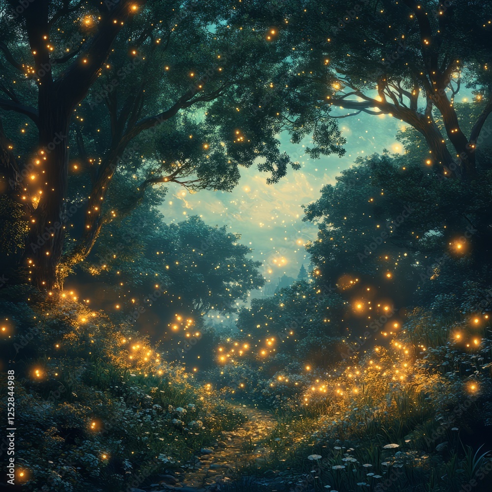 Fototapeta premium A whimsical forest filled with sparkling dew drops, glowing trees, and mysterious lights floating in the air