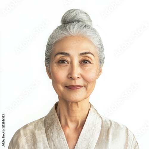 Elegant older Asian woman with silver hair wearing a silk robe against a plain background