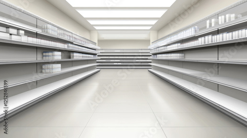 Wallpaper Mural Blank shelves in supermarket aisle. Cartoon vector background with empty shelf in grocery store. Commercial interior for product and goods display showcase. Business game warehouse template. Torontodigital.ca
