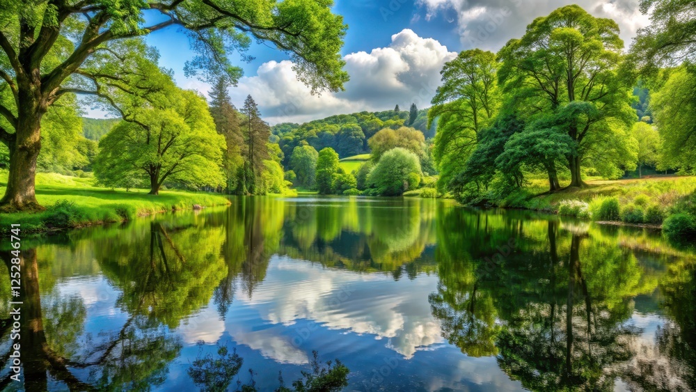 Fototapeta premium A serene lake surrounded by lush greenery and ancient trees, reflecting the beauty of nature, UK, Serenity