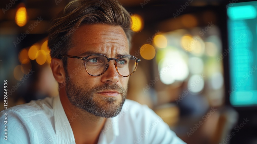 Young man with glasses reflects thoughtfully while sitting in a cozy cafe during daytime Young man with glasses reflects thoughtfully while sitting in a cozy cafe during daytime
