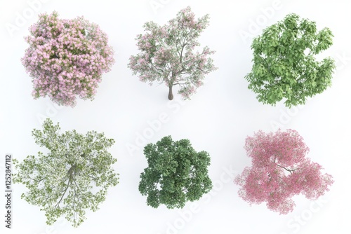 Top-down view of various trees on white background.  Possible use  3D model library for design software
