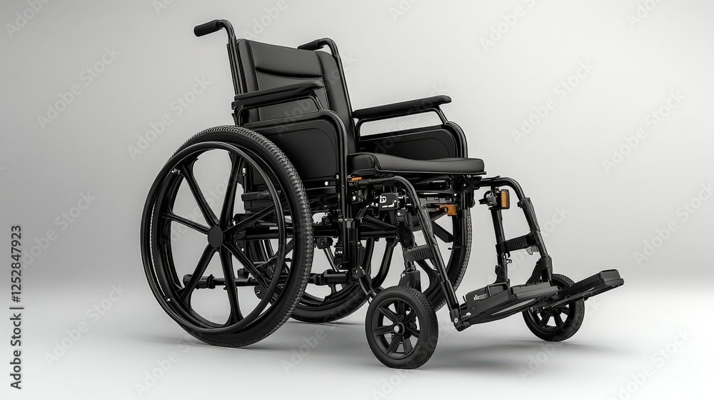 Fototapeta premium Modern black wheelchair on a neutral background, showcasing its design and functionality