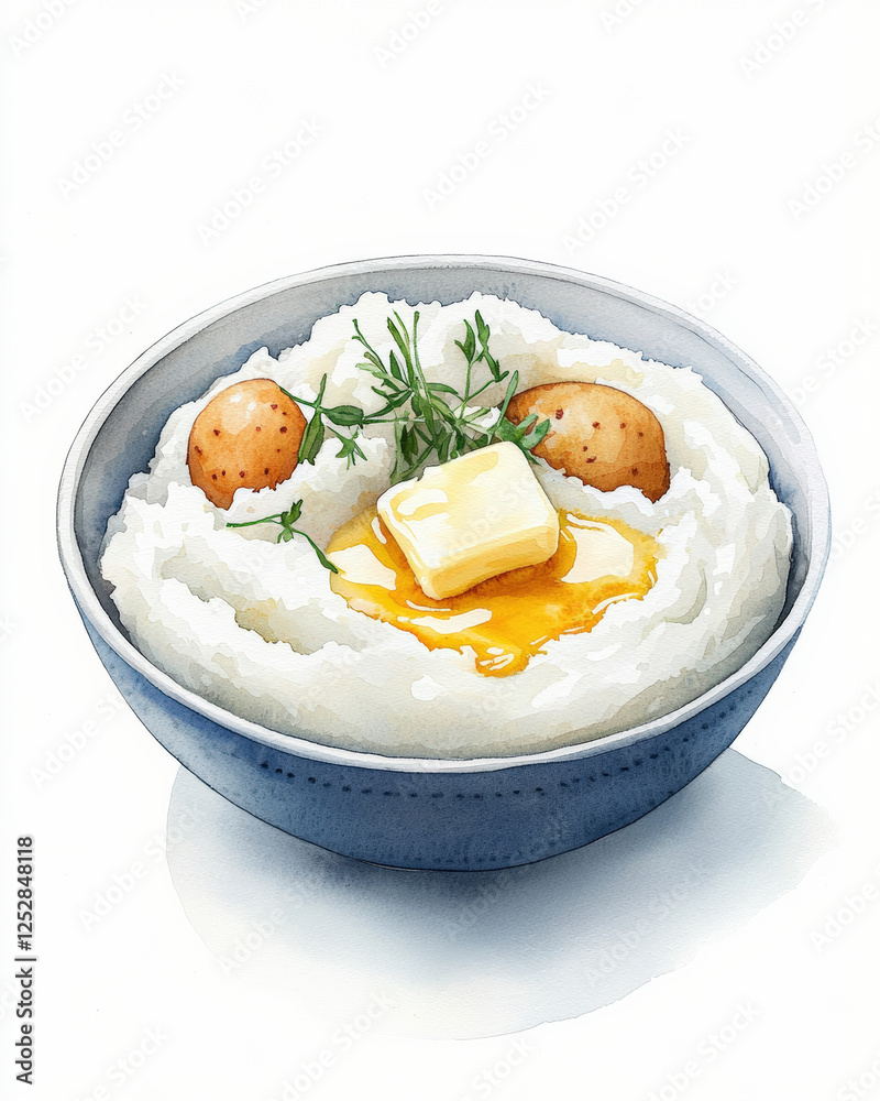Creamy mashed potatoes in bowl with butter, eggs, and herbs create comforting dish Creamy mashed potatoes in bowl with butter, eggs, and herbs create comforting dish