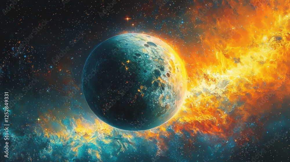 Cosmic Adventure: A Stunning Depiction of a Celestial Body Surrounded by Explosive Cosmic Fires and Colorful Nebulae in Deep Space Cosmic Adventure: A Stunning Depiction of a Celestial Body Surrounded by Explosive Cosmic Fires and Colorful Nebulae in Deep Space