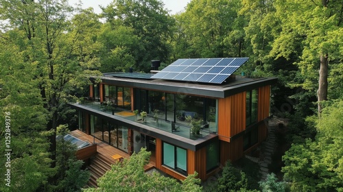 Modern Sustainable House with Solar Panels Surrounded by Lush Green Trees