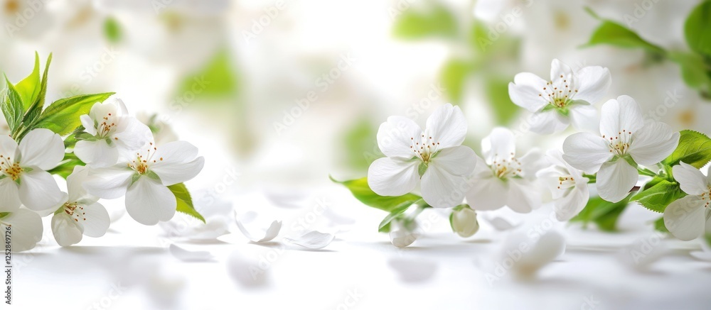 Obraz premium Spring blossoms, white petals, blurred background, greeting card