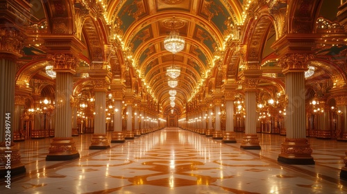 Grand illuminated hall with ornate architecture, reflecting light, showcasing elegance and history
