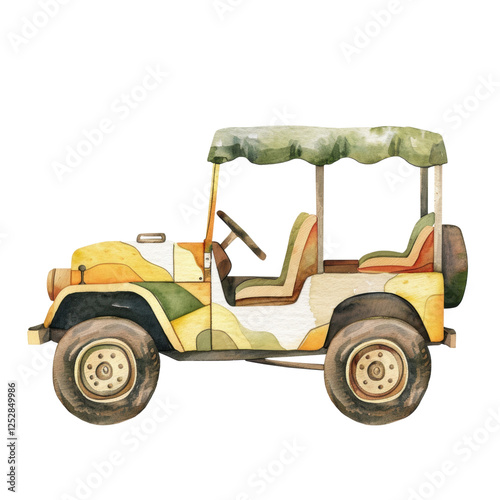 Watercolor cute vintage green safari car of soldier army for travel and camping clip art element illustration