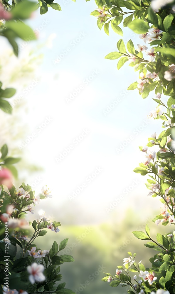 Fototapeta premium A serene summer frame of lush greenery and blossoms to the right, blending into a softly blurred sky.