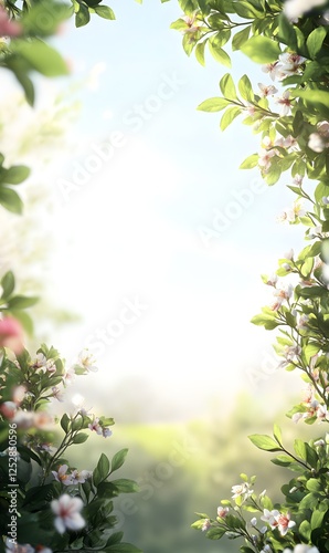 A serene summer frame of lush greenery and blossoms to the right, blending into a softly blurred sky.