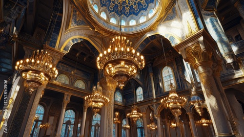 Elegant interior of a grand hall featuring ornate chandeliers and intricate architecture