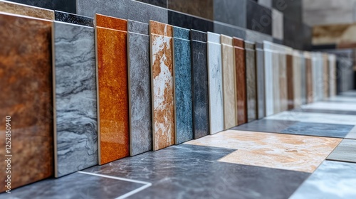 Diverse collection of tiles displayed in a showroom showcasing various colors and textures for modern interior design
