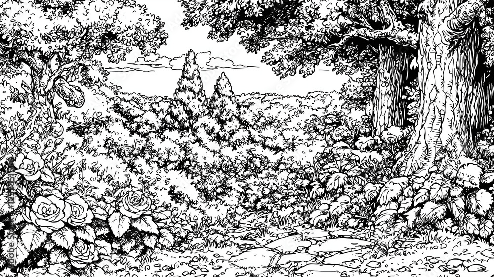 Obraz premium Illustrative black-and-white landscape art featuring a tranquil meadow surrounded by lush trees and open skies, capturing the serene beauty of nature. 