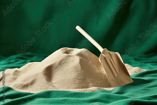 Small shovel next to a miniature sand volcano formation photo