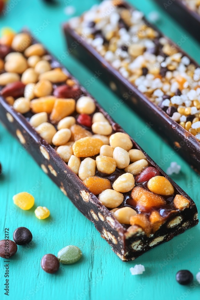 Three rectangular bars of peanut butter with a variety of mixed nuts and dried fruit. Three rectangular bars of peanut butter with a variety of mixed nuts and dried fruit.