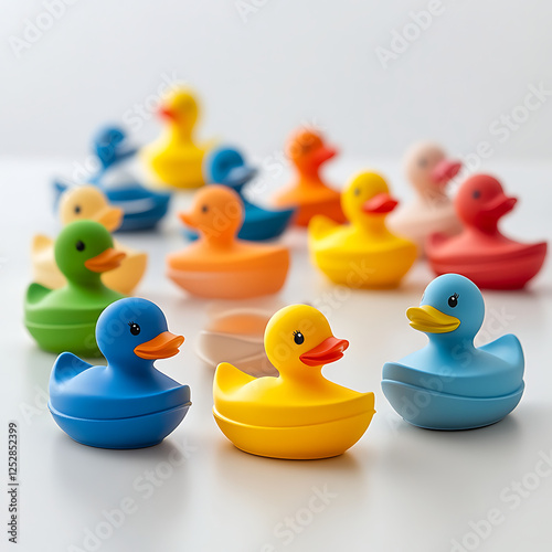 Colorful rubber ducks arranged playfully, perfect for children's bath time or decor.