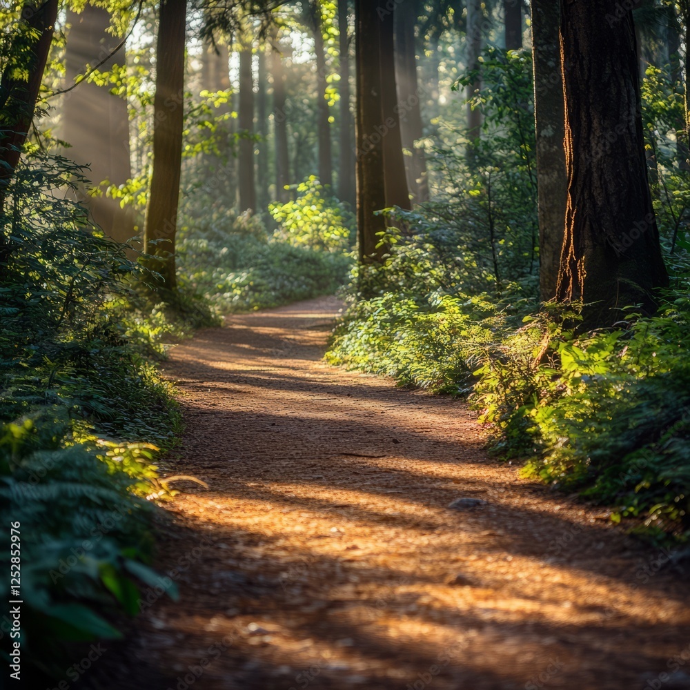 Obraz premium A picturesque trail leading through a dense forest, with dappled sunlight on the ground