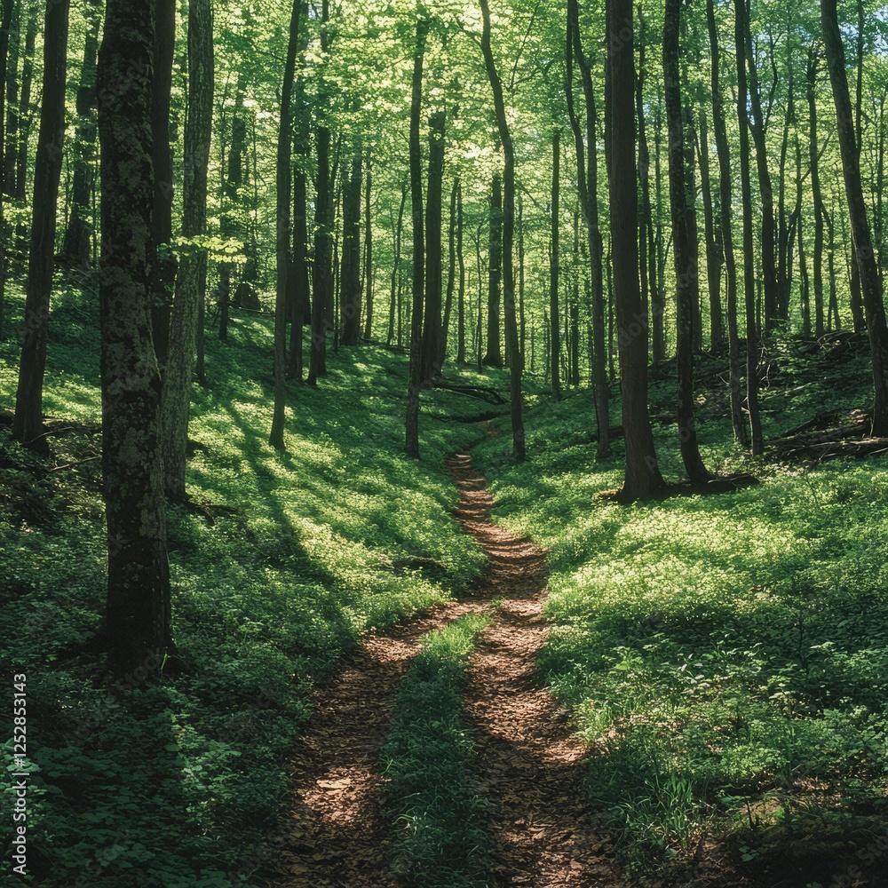Obraz premium A picturesque trail leading through a dense forest, with dappled sunlight on the ground
