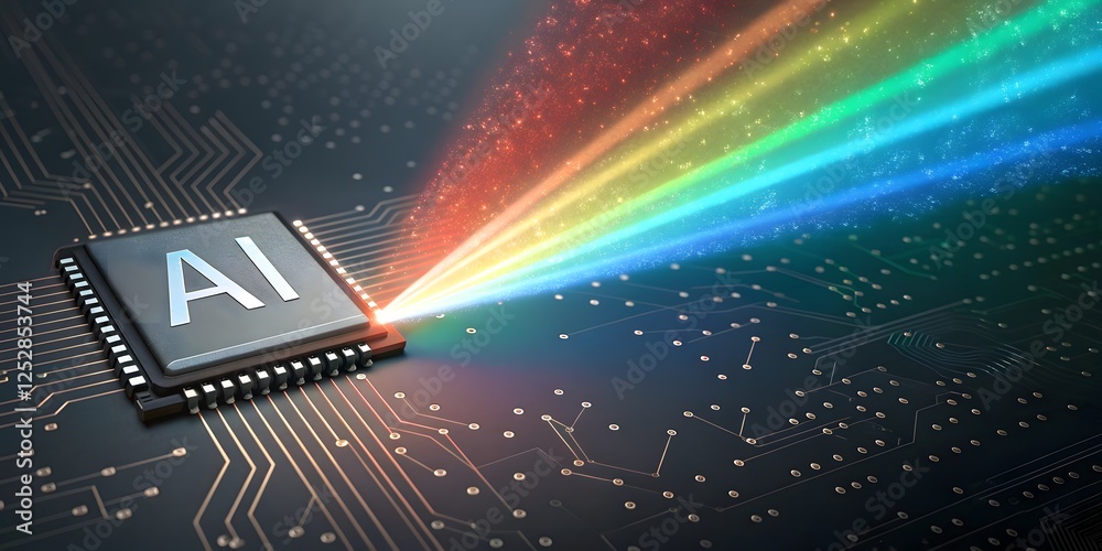 Fototapeta premium Colorful Light Spectrum Emitting from AI Microchip on Circuit Board